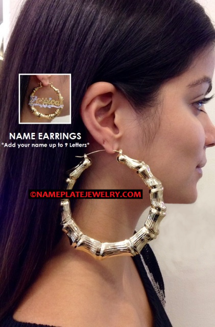 14k Gold Overlay 3.5 inch BIG Super Size hoop bamboo earrings- PERSONALIZED Any Name Earrings